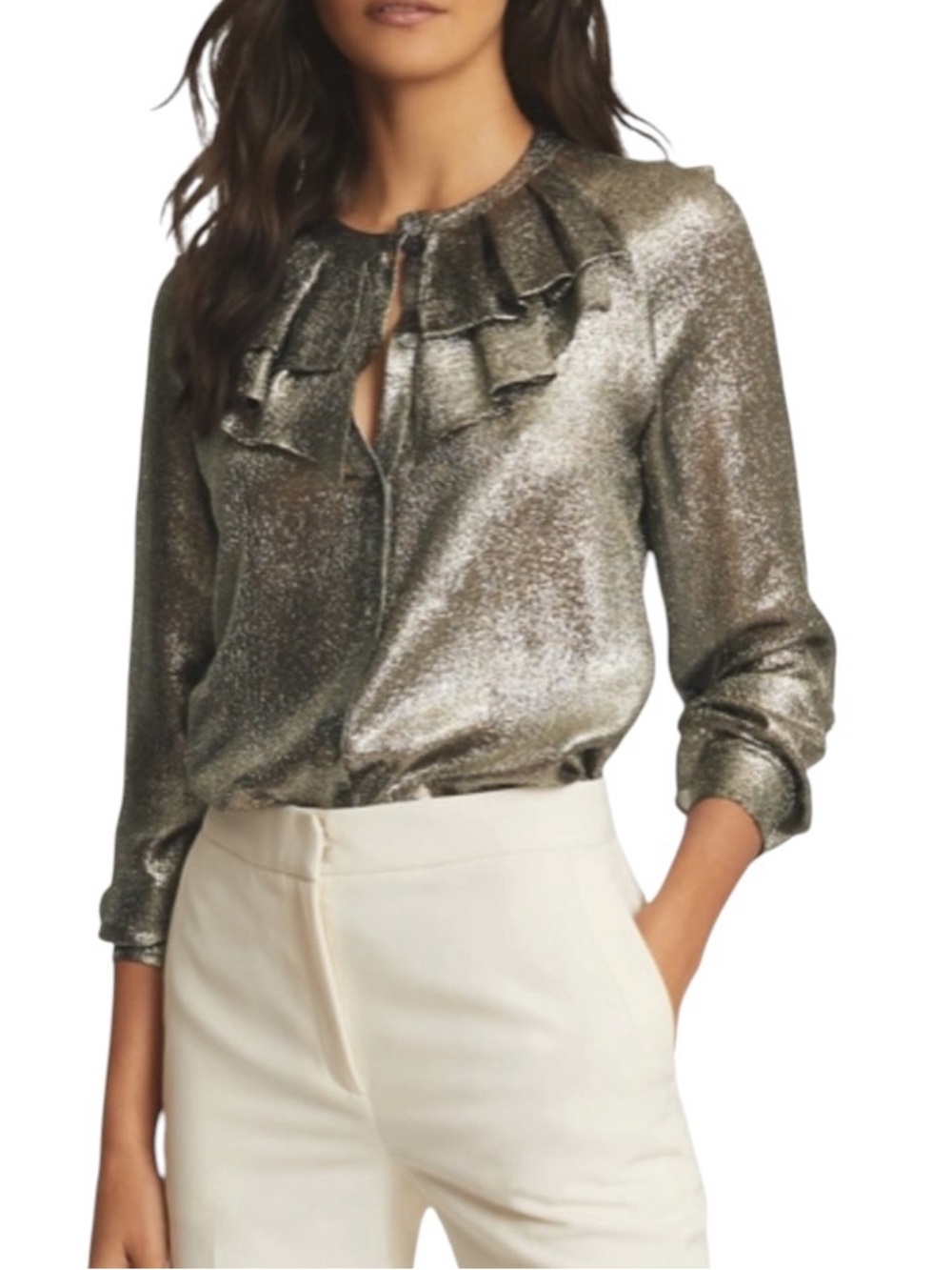 NWT REISS Silk Blend Emmie Metallic Ruffle Blouse Flawed Size 14